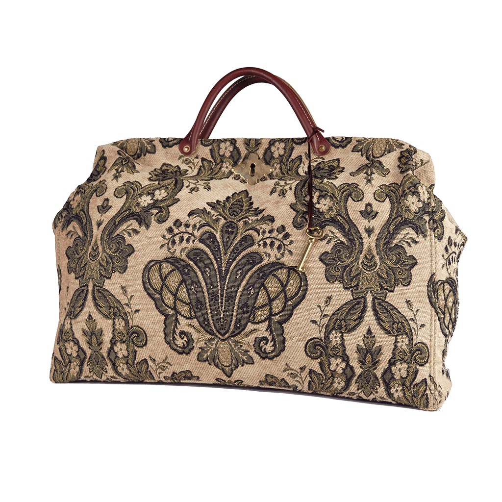 Authentic Victorian Carpet Bag Beige and Green Element Cottage